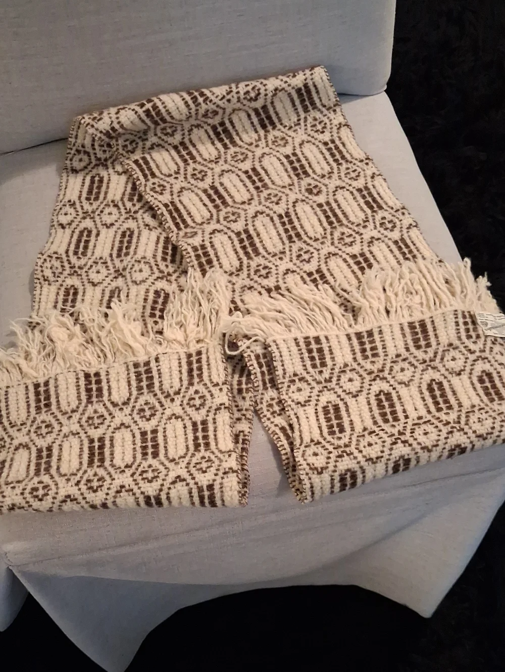 DownEast Cream and Brown Patterned Fringe Scarf